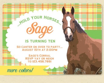 Girls Horse Birthday Invitation - Green, Orange - Country / Cowgirl Horses Birthday Party Invite, Printable