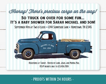 Red Truck Baby Boy Shower Invitation, also available with blue rustic truck, vintage retro style printable digital invite