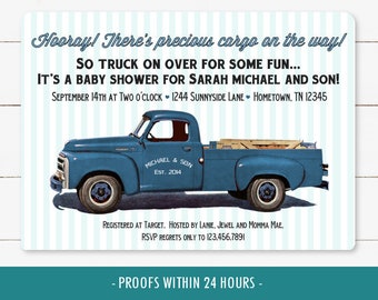 Red Truck Baby Boy Shower Invitation, also available with blue rustic truck, vintage retro style printable digital invite