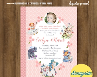 May include: A pink and white invitation with a floral design. The invitation is for a first birthday party for a girl named Evelyn Marie. The invitation includes a photo of the birthday girl, a date, time, and location for the party. The invitation also includes a message that says "Once upon a time there lived a beautiful little princess..."