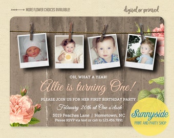 Girls First Birthday Photo Invitation, Country Rustic Birthday Invite, Printable 1st Birthday Invitation, collage