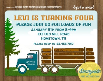 Log Truck Birthday Photo Invitation, Boys Printable Invite - Lumberjack Logger Logging Birthday Party, digital printable invitation
