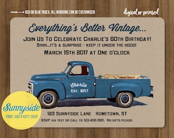 Men's Vintage Truck Birthday Invitation / surprise birthday invite with blue or red retro pickup / milestone birthday party / under the hood