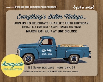Herren Vintage LKW Geburtstagseinladung / Überraschungs-Einladung mit rotem oder rotem Retro-Pickup / Geburtstagsparty / Geburtstagsparty / Geburtstagsparty