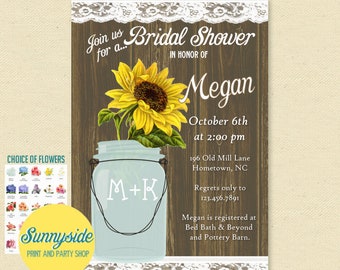 Printable Rustic Lace Mason Jar Bridal Shower Invitation with your choice of flower, woodgrain background