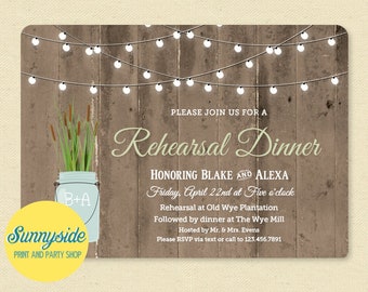 Rustic Rehearsal Dinner Invitation: Mason Jar, Twinkle Lights (Digital Download)