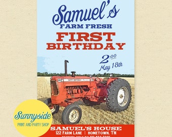 Vintage Tractor Birthday Invitation, Boys Birthday Party Invite, Farming, Farmer, Country - Printable invitation, 1st first, red, orange
