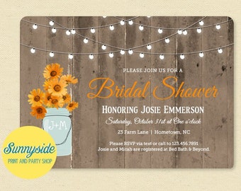 Printable rustic bridal shower invitaton with barnwood and twinkle lights and your choice of flowers in mason jar, personalized