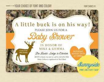 Camo buck printable baby shower invitation with orange for baby boy, deer, hunter, camouflage theme, fawn