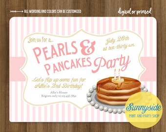 Pancakes Pearls Birthday Invitation | Girls Pancake party invite | pajamas | printable digital invitations blush pink, gold, oyster