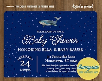 Ocean printable baby shower invitation watercolor sea turtle or whale, nautical sea theme for baby boy or gender neutral digital file