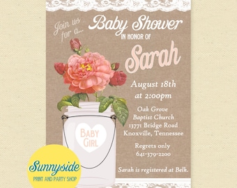 Mason Jar Baby Shower Invitation, Baby Girl Invite with Burlap and Lace, Rustic Floral Printable Country, baby girl shower, it's a girl rose