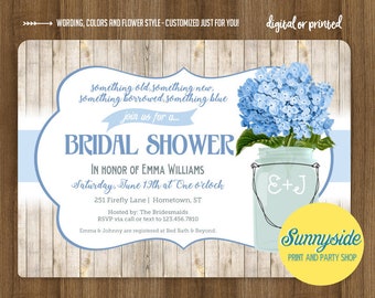 PRINTABLE Something Blue rustic mason jar shower invitation, bridal shower or wedding shower invite with blue hydrangeas, digital invite