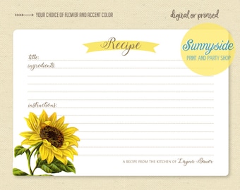 Botanical floral recipe card sunflower // printable digital card // personalized recipe cards // bridal shower gift // housewarming gift