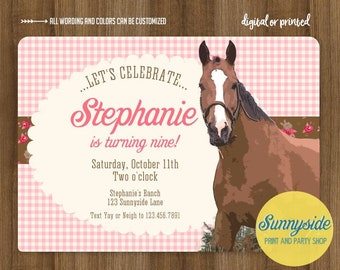 Floral Horse Girls Birthday Invitation // Country equine girls party invite with plaid, pink or purple, any age, 9 10 11 12