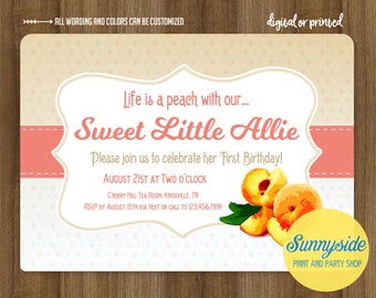 Peach Birthday Invitation // Girls 1st First Birthday Invite, vintage Georgia Peach Peaches Girls Birthday Party, Printable or Printed