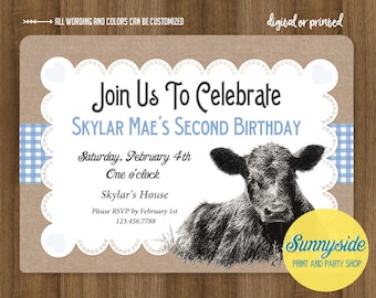 Farm / Cute Calf Cow Birthday Invitation, Barnyard Birthday Invite, Printable or Printed, 1st 2nd 3rd any age boy or girl, any colors, angus