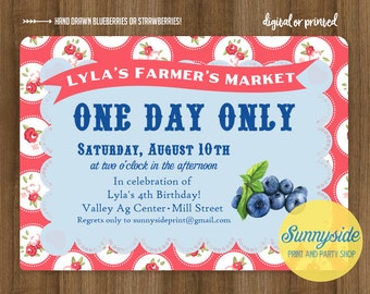 Blueberry Birthday Invitation | Farmer's Market Party Invite | printable digital berry invitations, vintage style