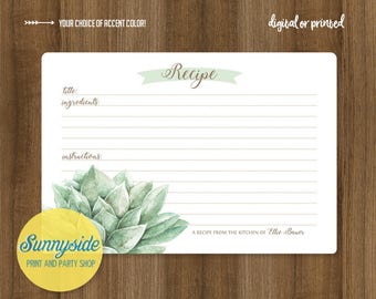 Sappige receptenkaart // afdrukbare of gedrukte receptenkaart 3x5 of 4x6 // bruidskeukendoucherecept met vetplanten // gepersonaliseerd recept