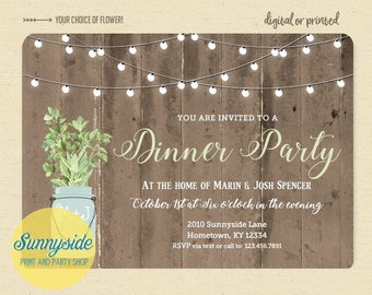 Rustic dinner party invitation, cocktail party invite with twinkle lights & barnwood, herbs in mason jar, printable digital file
