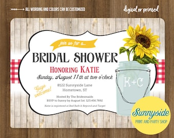 Sunflower Bridal Shower Invitation, printable or printed invitation, summer wedding, picnic, mason jar with sunflowers and red gingham bbq