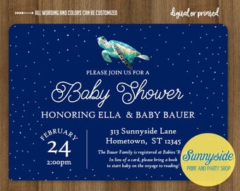 Ocean printable baby shower invitation watercolor sea turtle or whale, nautical sea theme for baby boy or gender neutral digital file