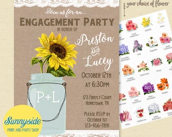 rustic ENGAGEMENT PARTY Invitation, burlap and lace mason jar party invite, printable or printed, you choose flower!