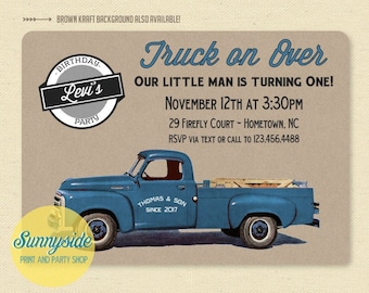 Truck Birthday Invitation - retro pickup truck in red or blue, truck on over birthday party invite, printable invitation with photo, vintage