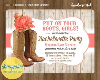 Printable bachelorette party invitation with floral cowgirl boots, digital invite