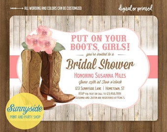 Printable Cowgirl Boots Bridal Shower Invitation for Country Western Wedding Shower, your choice of flower and colors!