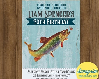 Fishing Birthday Party Invitation for adult, men's reel in 30th 40th 50th fish printable birthday invite with trout, printable or printed