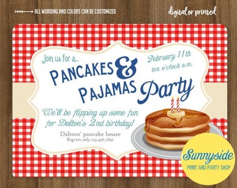 Boys Pancakes and Pajamas birthday party invitation, breakfast invite, blue and red pancake theme, boys birthday printable invitation