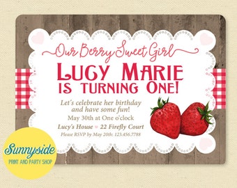 Berry birthday invitation // berry sweet birthday party invite // strawberries gingham and woodgrain // printable or printed