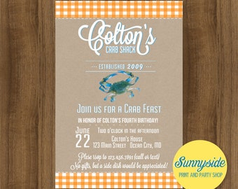 Crab feast birthday invitation, boys summer birthday invite, printable or printed invitations, maryland, blue crab beach theme