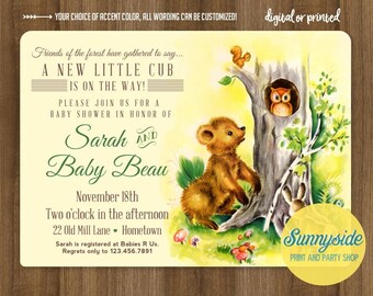 Printable personalized baby shower invitation for forest friends or woodland baby shower, gender neutral, bear cub invite