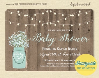 Rustic Baby Shower Invitation with twinkle lights and mason jar, baby boy baby girl invite, printable digital invitation, babies breath