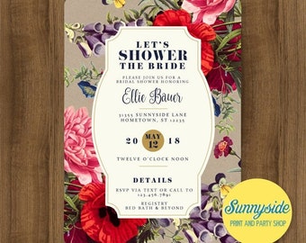 Printable floral botanical digital bridal wedding shower invitation // wildflowers, navy, gold, garden party invite file