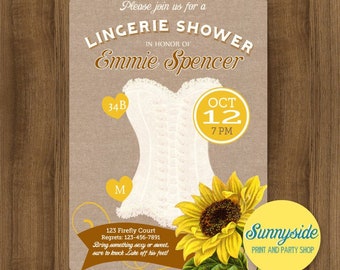 Sunflower lingerie shower invitation with burlap, fall bridal shower invitation, printable digital file, rustic