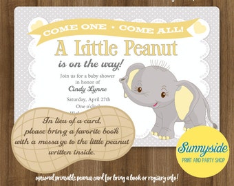 Little Peanut Baby Shower Invitation, Printable Elephant Gray Yellow Baby Shower, Elephant Shower, Printable Invitation Invite Bring Book