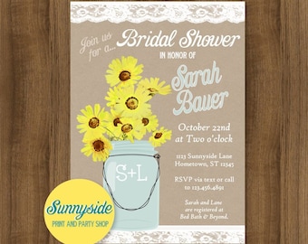 Bridal shower mason jar invitation with yellow daisy / black eyed susan, printable bridal shower invitation, country rustic kraft lace
