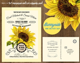 Sunflower Wedding Invitation and RSVP, botanical letterpress style with vintage sunflowers, yellow country rustic wedding invites PRINTABLE