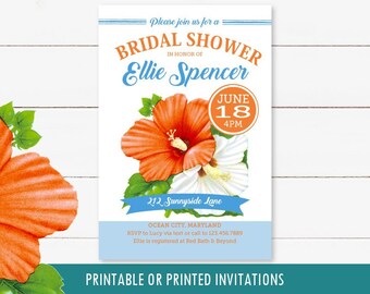 Hawaiian luau bridal shower invitation with tropical hibiscus, printable beach wedding shower invite in coral pink or orange