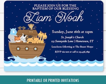 Noah’s Ark Baptism Invitation, design numérique imprimable, épreuves envoyées dans les 24 heures, baptême de bébé, imprimable catholique, baptême de bébé garçon