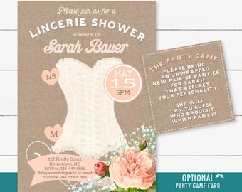 Bridal Shower Lingerie Invitation - Pink Blush Corset Lingerie Shower Invite with burlap and optional panty game, printable digital file