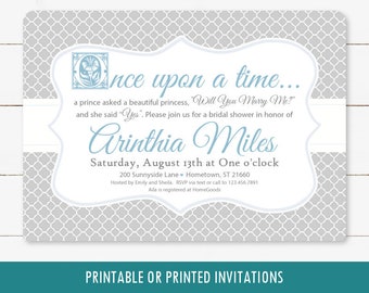 Fairy Tale Bridal Shower Invitation, printable once upon a time invite for storybook or princess inspired wedding, silver gray blue