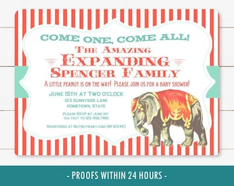 Vintage Circus / Carnival Baby Shower Invitación imprimible, Familia en expansión, Invitación de Baby Shower con traer un maní de libro
