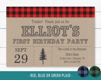 Lumberjack printable birthday party invitation, first birthday, rustic red green or blue plaid, 1st boys birthday, digital invite