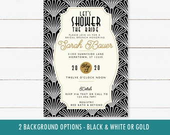 Art Deco printable bridal shower invitation, 1920's black and white or gold invite, vintage style modern wedding brunch