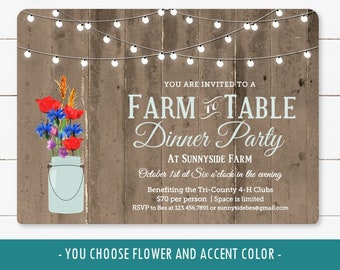 Farm to Table Dinner Invitation, printable rustic dinner party invite perfect for Fundraiser or Community Event , You choose flower