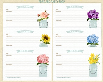 Printable Recipe Card Set, assorted flowers, Floral Mason Jar, Personalized Recipe Card Gift - Set of 3 or 6 Designs